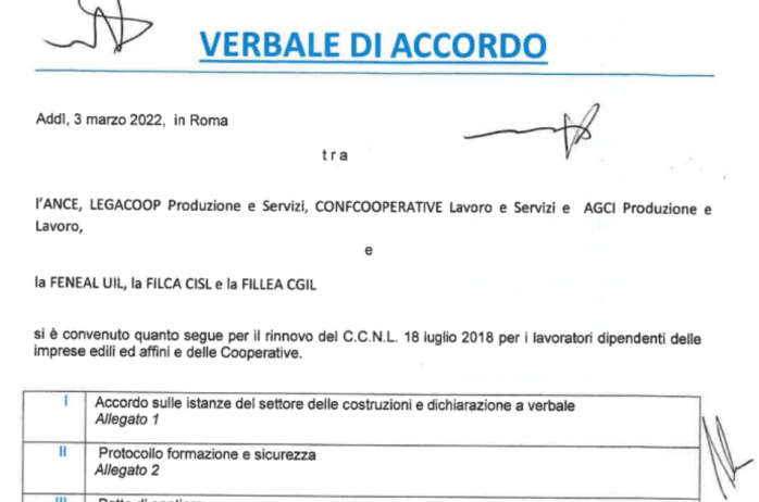 Verbale di Accordo per il rinnovo del CCNL per i lavoratori dipendenti delle imprese edili ed affini e delle cooperative