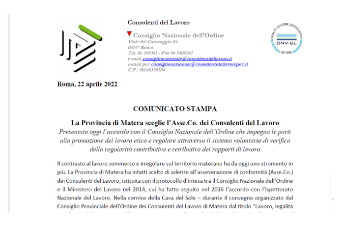 La Provincia di Matera sceglie l'Asse.Co. dei Consulenti del Lavoro