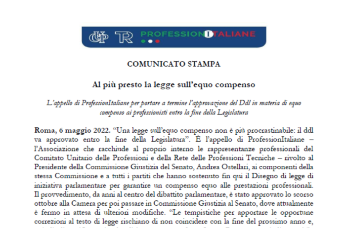 Professionitaliane: Al più presto la legge sull'equo compenso 