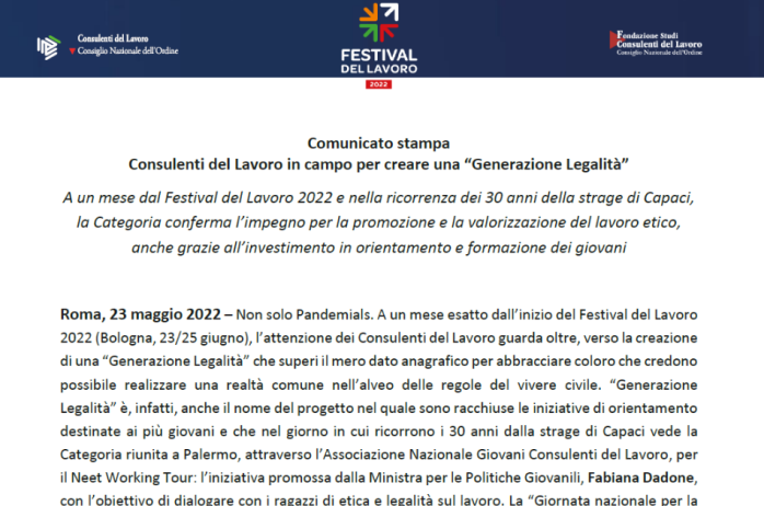 Consulenti del Lavoro in campo per creare una 'Generazione Legalità' 