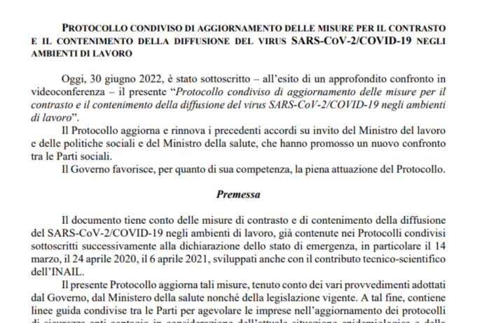 Protocollo di aggiornamento delle misure per il contrasto e il contenimento della diffusione del virus SARS-COV-2/COVID-19 negli ambiti di lavoro