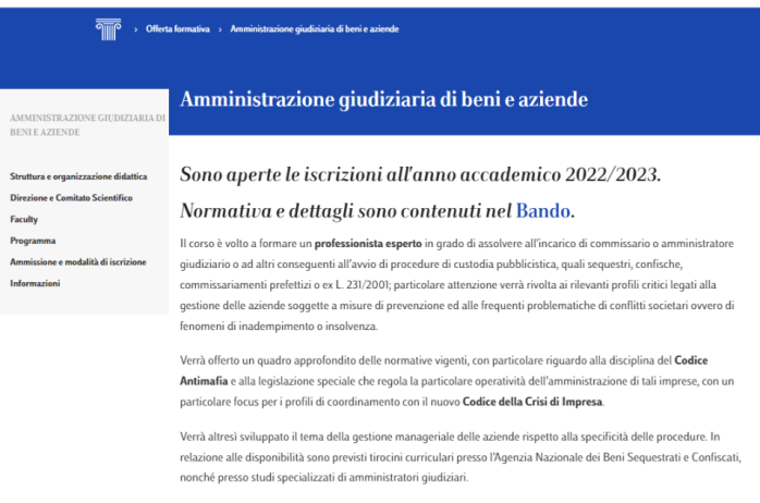 Aperte le iscrizioni all'anno accademico 2022/2023 per il nuovo Corso della LUISS: Amministrazione giudiziaria di beni e aziende