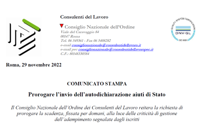 Prorogare l'invio dell'autodichiarazione aiuti di Stato - la richiesta del Consiglio Nazionale Consulenti del Lavoro 