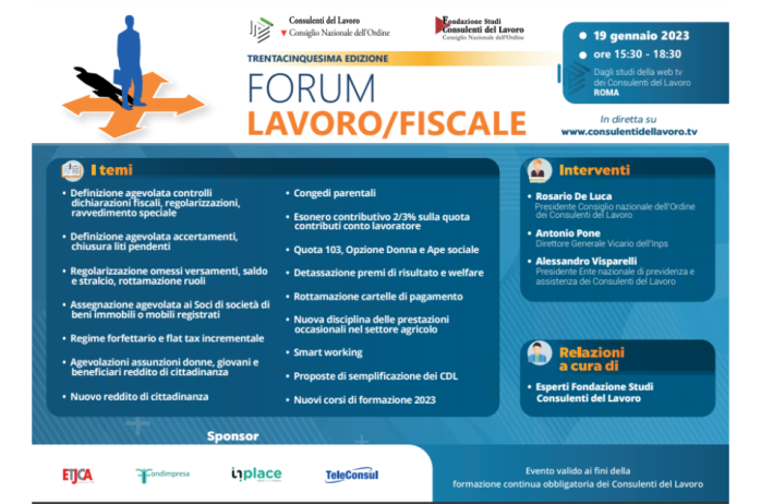 Tutto pronto per il 35° Forum Lavoro/Fiscale - 19 gennaio 2023 