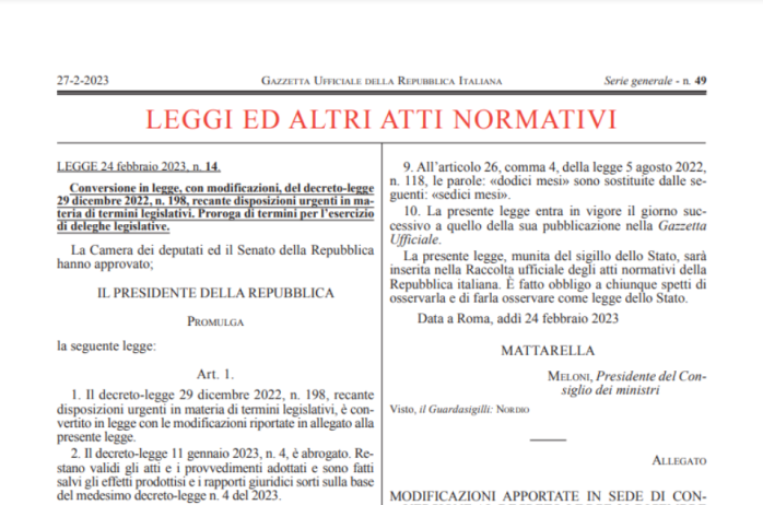 Legge 24 febbraio 2023 n. 14 : Il Decreto Milleproroghe è convertito in Legge