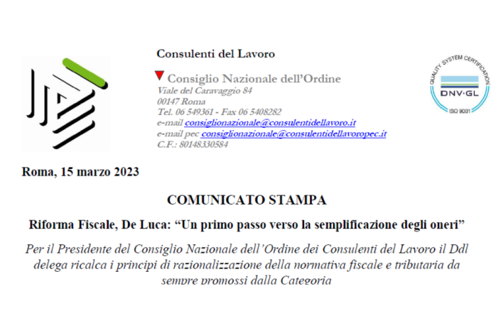 Riforma Fiscale, De Luca: 'Un primo passo verso la semplificazione degli oneri'