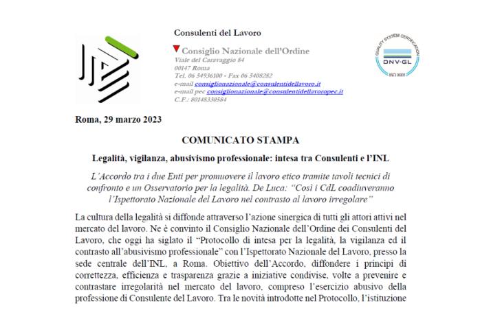 Protocollo d'Intesa CNO-INL sulla legalità