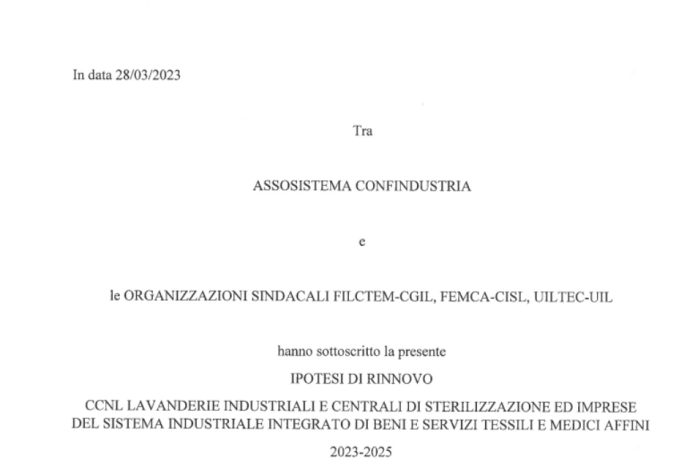 CCNL lavanderie industriali -  Ipotesi di rinnovo