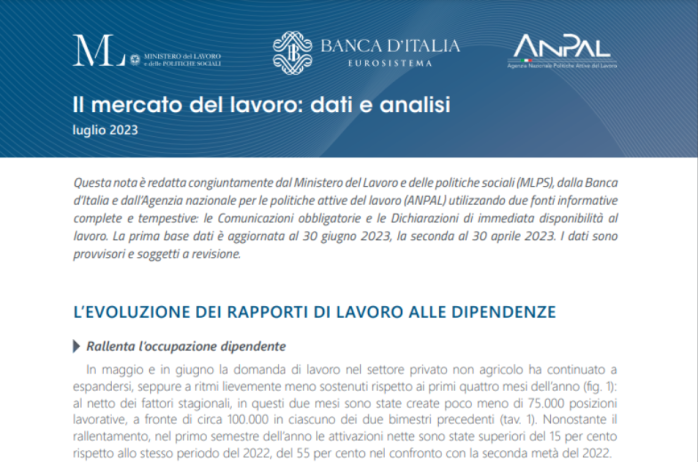 Nota del MLPS, Banca D'Italia e ANPAL relativa alle assunzioni in Italia 