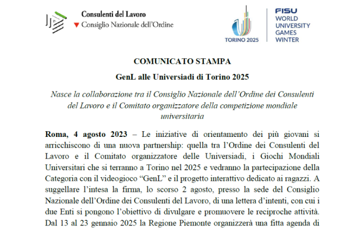 Nasce la collaborazione tra il CNO dei Consulenti del Lavoro e il Comitato organizzatore della competizione mondiale universitaria