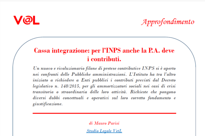 Cassa integrazione: per l'INPS anche la P.A. deve i contributi