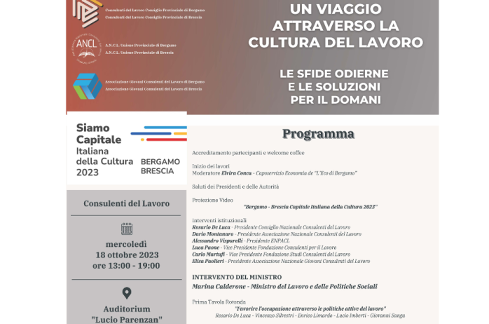 Evento 'Un viaggio attraverso la cultura del lavoro - Le sfide odierne e le soluzioni per il domani' - Bergamo 18 ottobre 2023