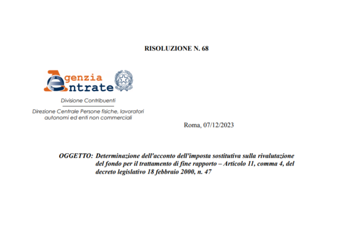 La risoluzione AdE 68/E conferma l'interpretazione del  CSN sull'indice di rivalutazione del TFR