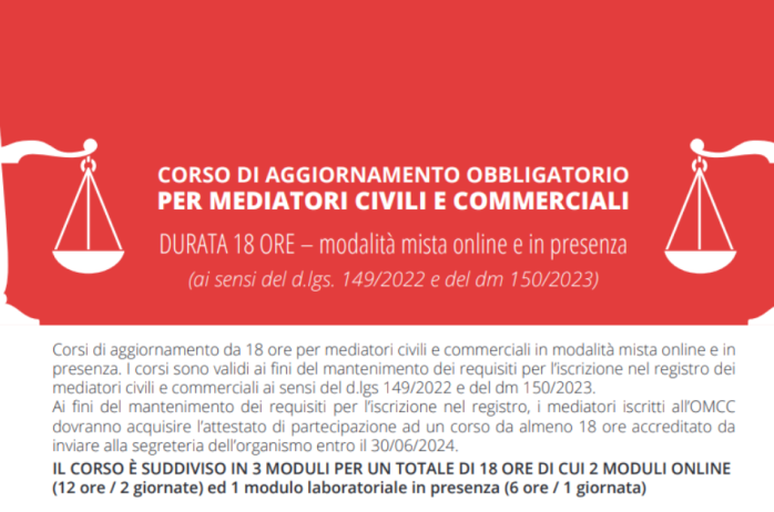 Corsi agg.to biennale per mediatori 2024 - 18 ore modalità mista, in parte on-line ed in parte in presenza