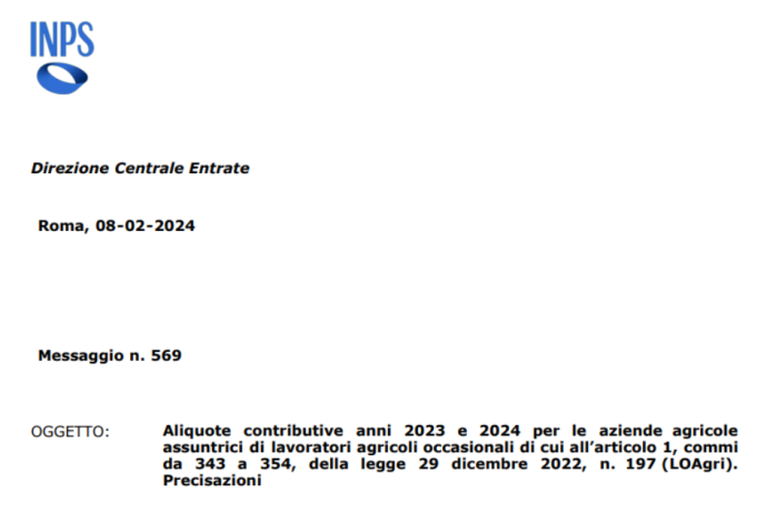 Mess. INPS: Lavoratori agricoli occasionali e aliquote contributive anni 2023 e 2024 