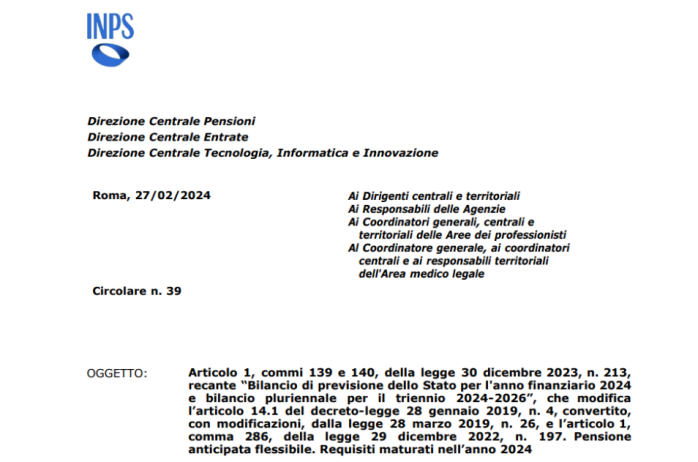 Circ. INPS: pensione anticipata flessibile