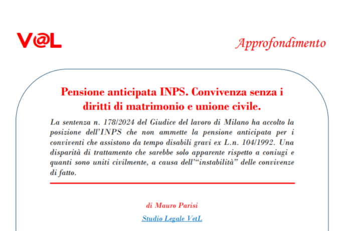 Pensione anticipata INPS. Convivenza senza i diritti di matrimonio e unione civile. 