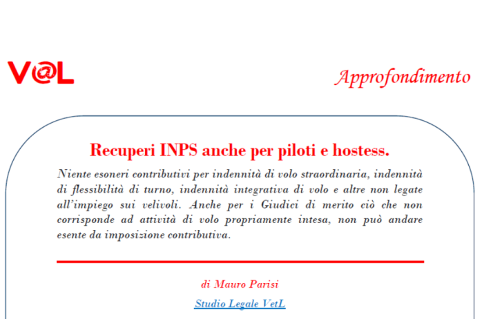 Recuperi INPS anche per piloti e hostess