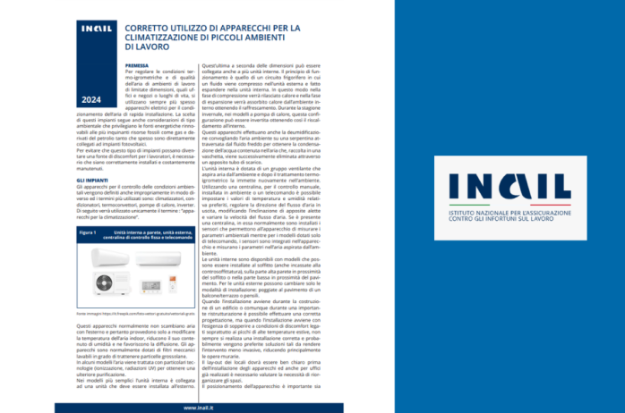 INAIL: Corretto utilizzo di apparecchi per la climatizzazione di piccoli ambienti di lavoro