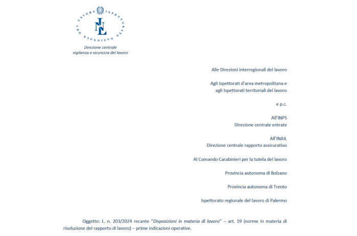 Circ.INL su art. 19 del Collegato Lavoro - prime indicazioni sulla risoluzione del rapporto di lavoro